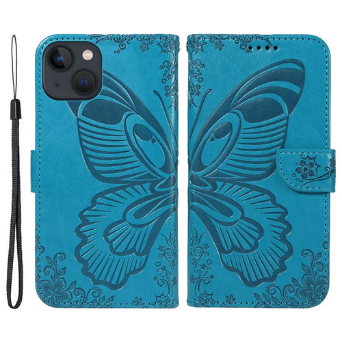 For iPhone 14 Case Butterfly Pattern Leather Phone Cover with Wallet Stand - Blue - 1
