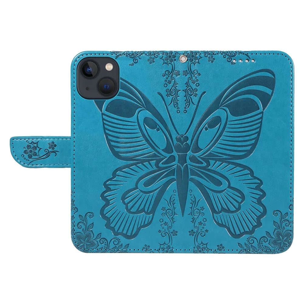 For iPhone 14 Case Butterfly Pattern Leather Phone Cover with Wallet Stand - Blue - 2