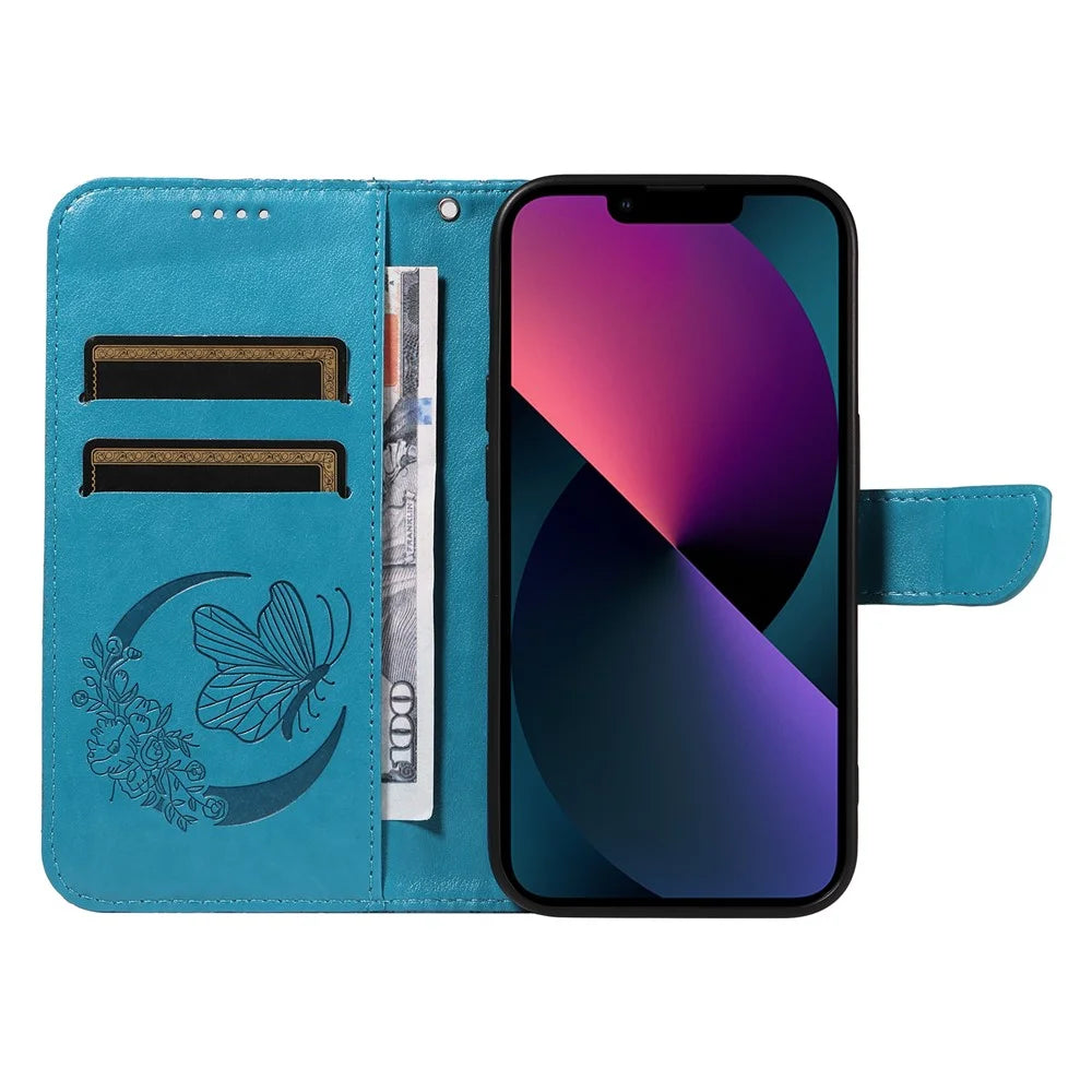 For iPhone 14 Case Butterfly Pattern Leather Phone Cover with Wallet Stand - Blue - 3