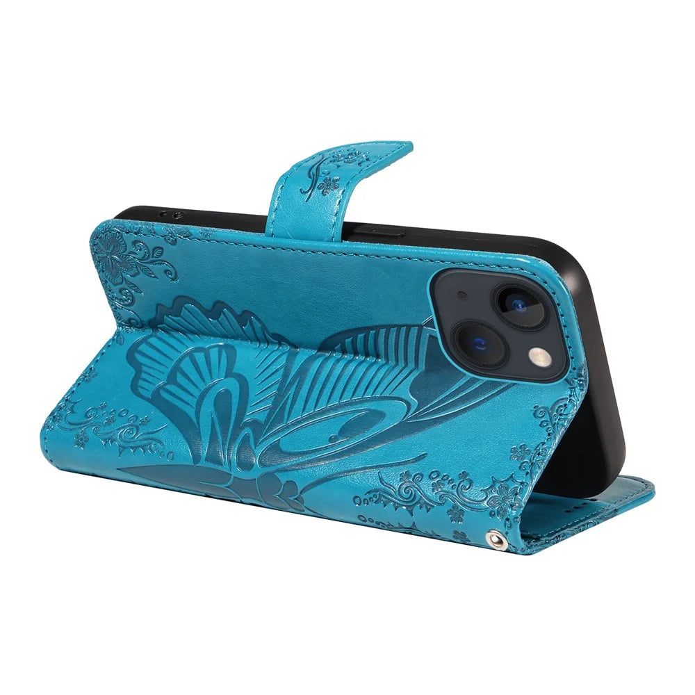 For iPhone 14 Case Butterfly Pattern Leather Phone Cover with Wallet Stand - Blue - 5