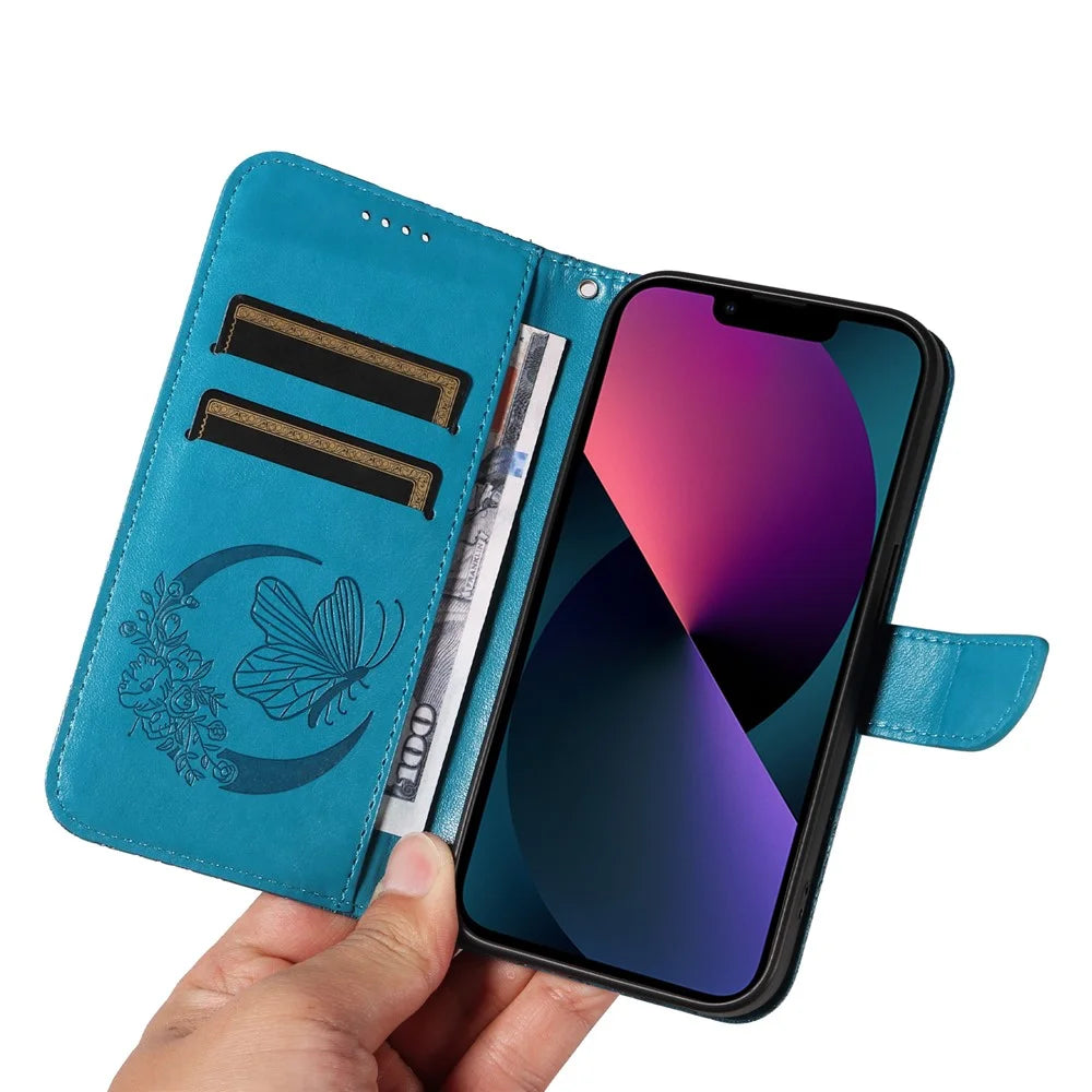For iPhone 14 Case Butterfly Pattern Leather Phone Cover with Wallet Stand - Blue - 6