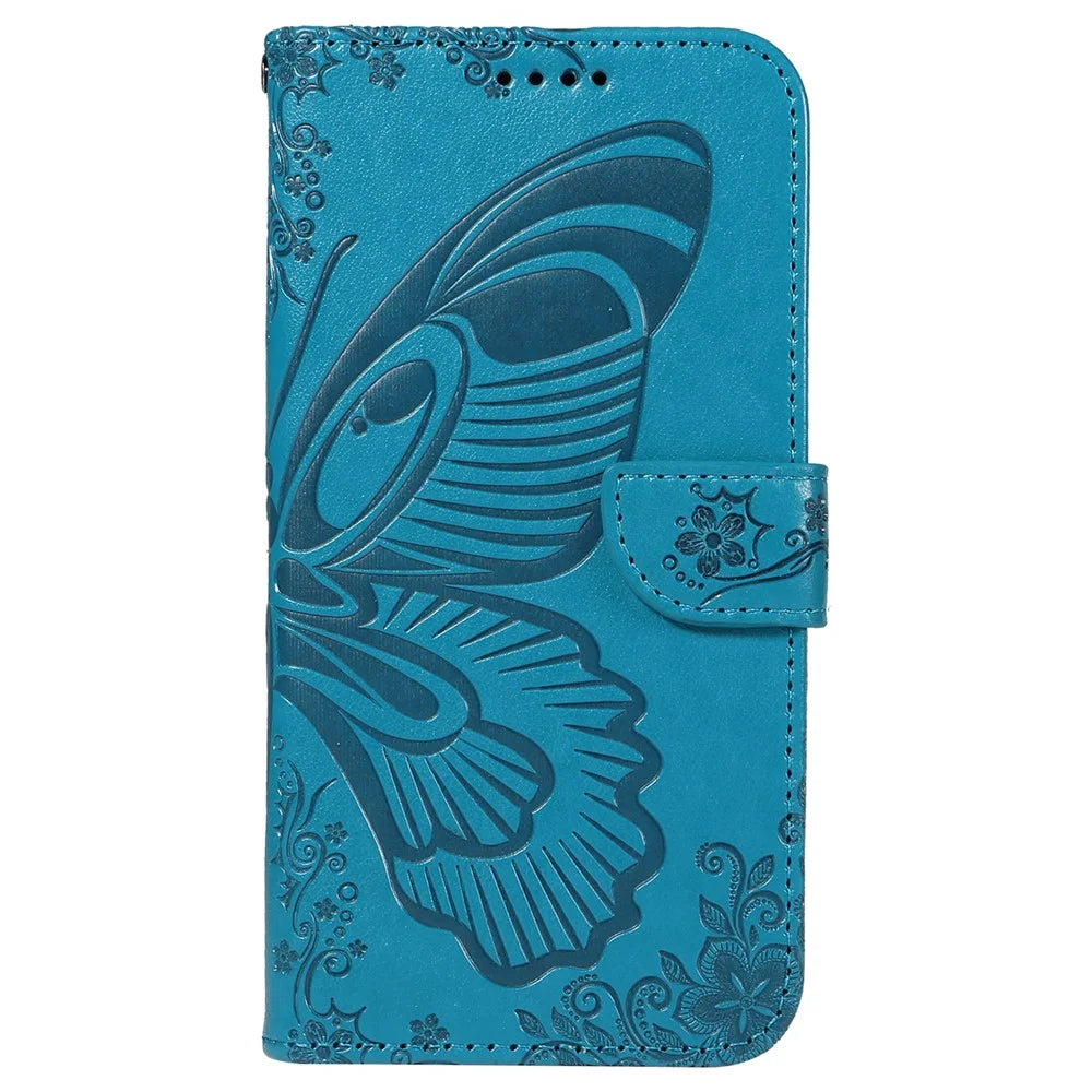 For iPhone 14 Case Butterfly Pattern Leather Phone Cover with Wallet Stand - Blue - 7