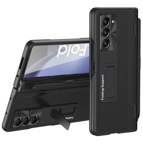 For Samsung Galaxy Z Fold6 5G Kickstand Case Leather+PC Phone Cover with Stylus and Tempered Glass Film - Black - 1