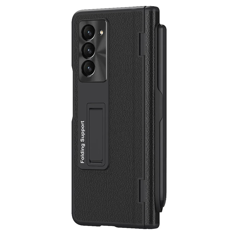 For Samsung Galaxy Z Fold6 5G Kickstand Case Leather+PC Phone Cover with Stylus and Tempered Glass Film - Black - 2