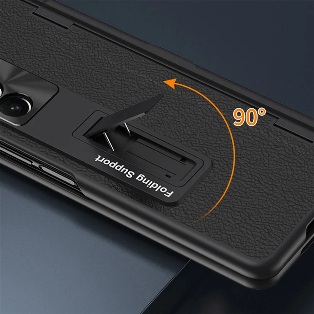 For Samsung Galaxy Z Fold6 5G Kickstand Case Leather+PC Phone Cover with Stylus and Tempered Glass Film - Black - 3