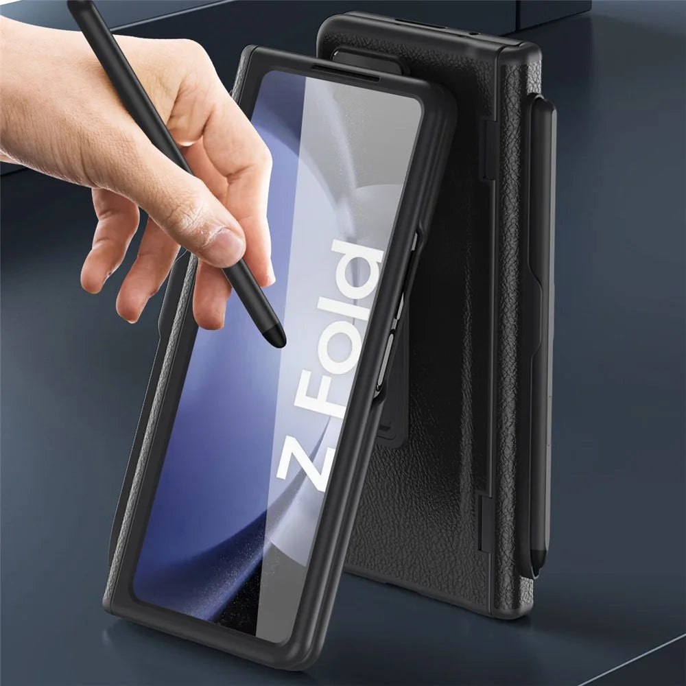 For Samsung Galaxy Z Fold6 5G Kickstand Case Leather+PC Phone Cover with Stylus and Tempered Glass Film - Black - 5