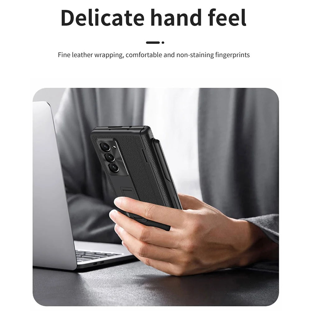 For Samsung Galaxy Z Fold6 5G Kickstand Case Leather+PC Phone Cover with Stylus and Tempered Glass Film - Black - 6