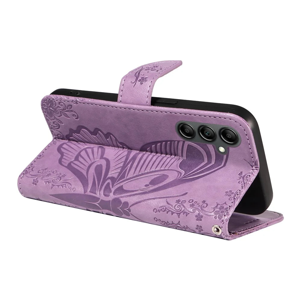 For Samsung Galaxy A15 4G / 5G Case PU Leather Flip Imprinted Butterfly Phone Cover with Wallet - Light Purple - 5