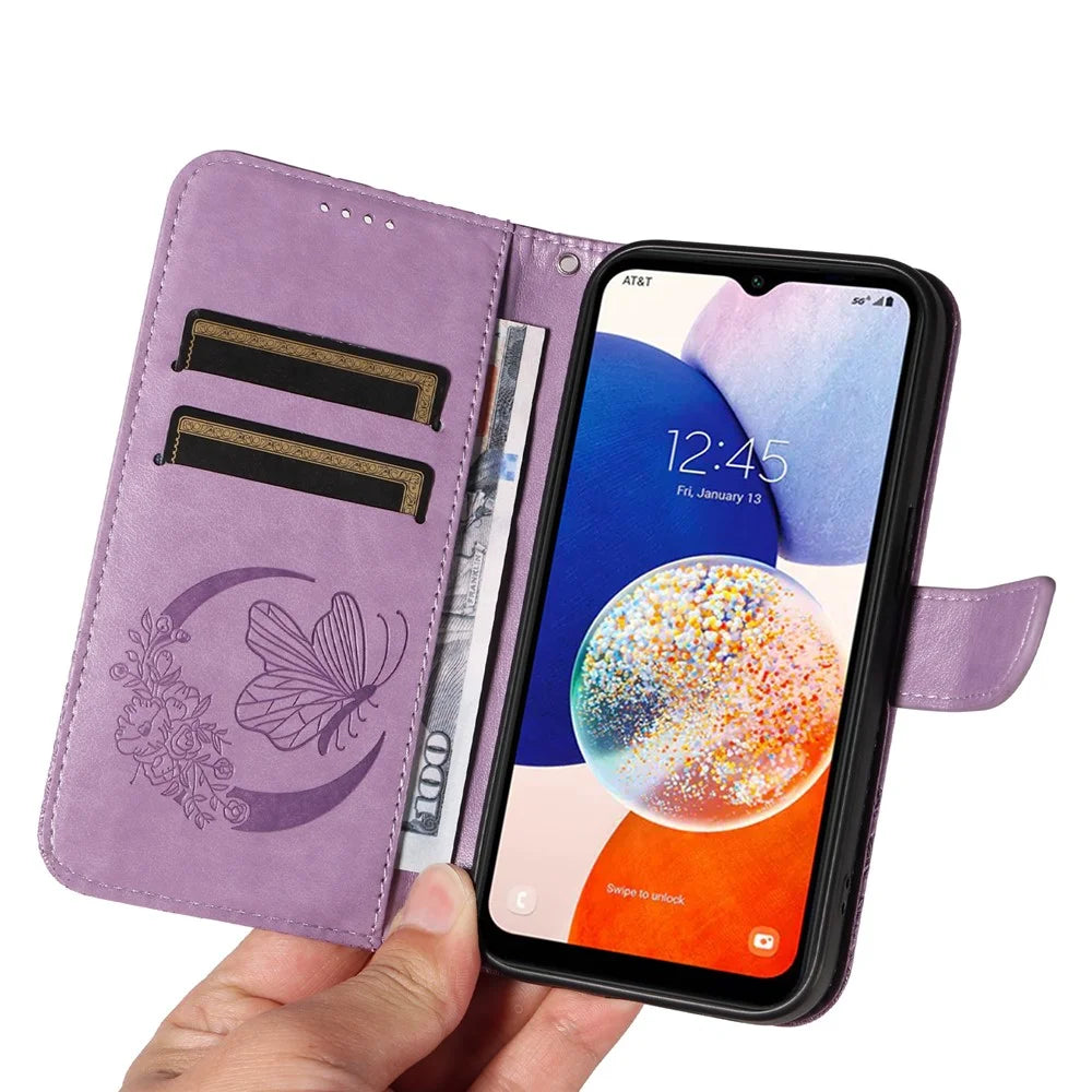 For Samsung Galaxy A15 4G / 5G Case PU Leather Flip Imprinted Butterfly Phone Cover with Wallet - Light Purple - 6