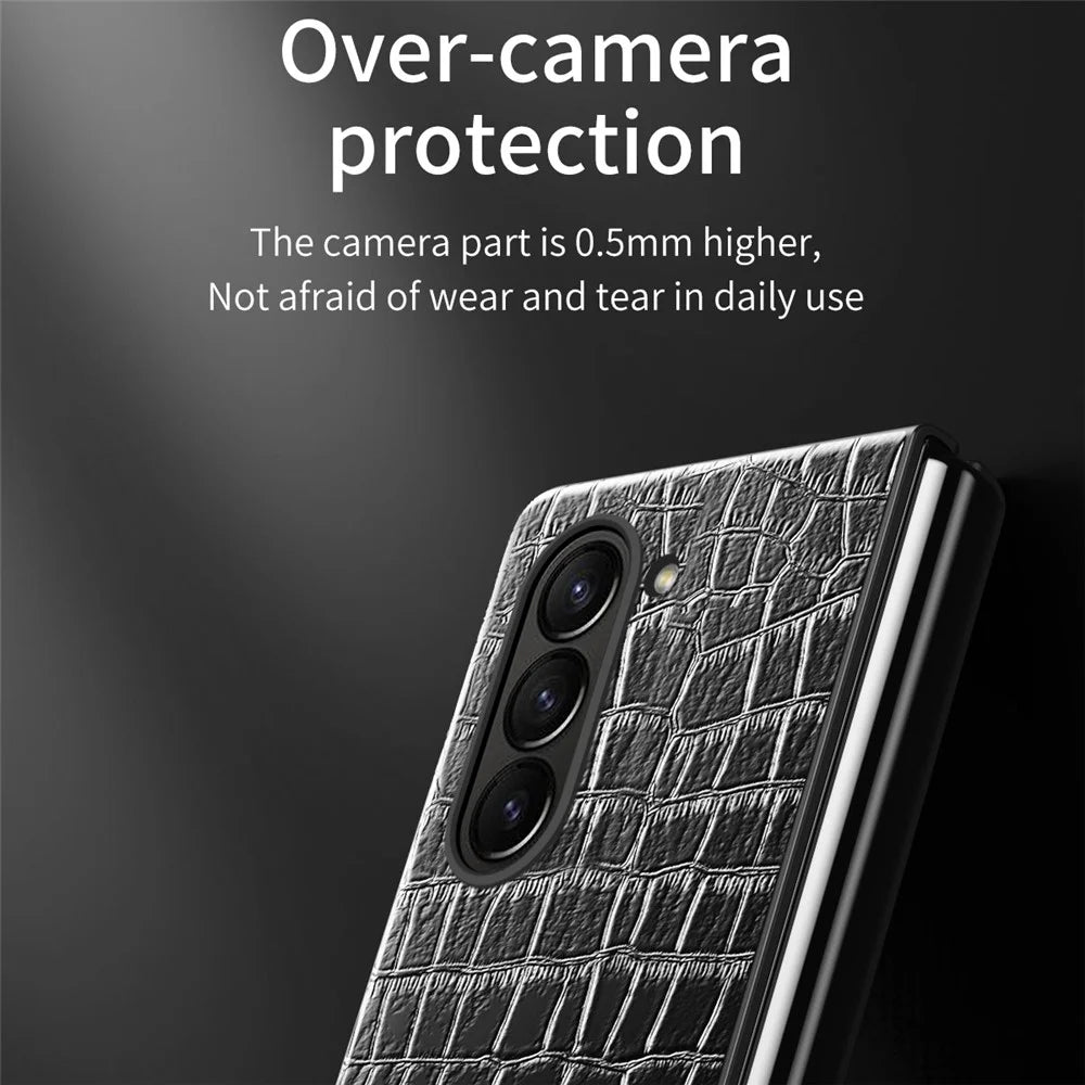 For Samsung Galaxy Z Fold6 5G Case Crocodile Texture Leather Coated PC Hard Phone Cover - Black - 5