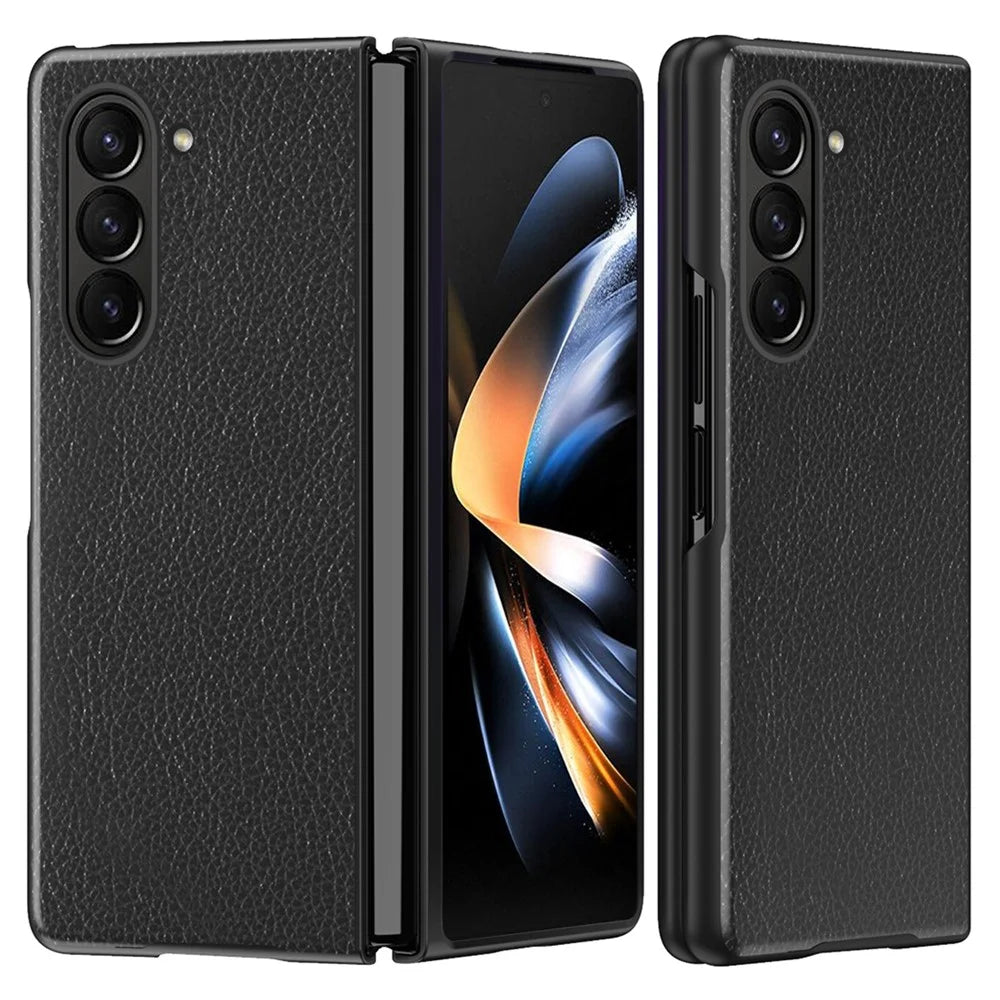 For Samsung Galaxy Z Fold6 5G Case Litchi Texture PU Leather Coated PC Phone Cover - Black - 1