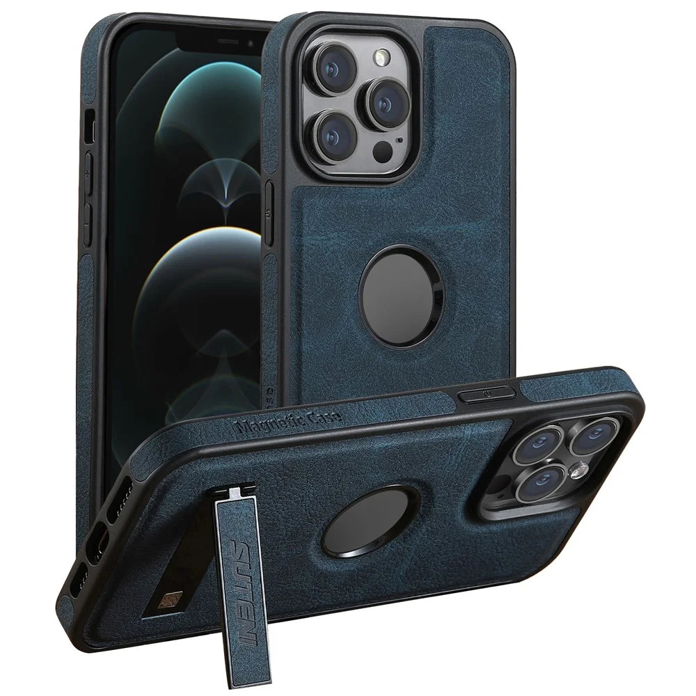 SUTENI G2 For iPhone 12 / 12 Pro Magnetic Case Kickstand Leather+TPU Phone Cover Litchi Texture - Blue - 1