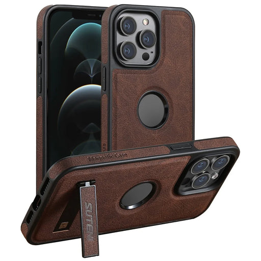 SUTENI G2 For iPhone 12 Pro Max Magnetic Case Litchi Texture Kickstand Leather+TPU Phone Cover - Brown - 1