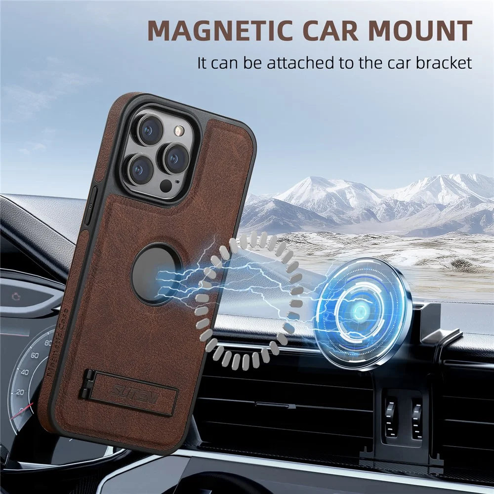 SUTENI G2 For iPhone 12 Pro Max Magnetic Case Litchi Texture Kickstand Leather+TPU Phone Cover - Brown - 3