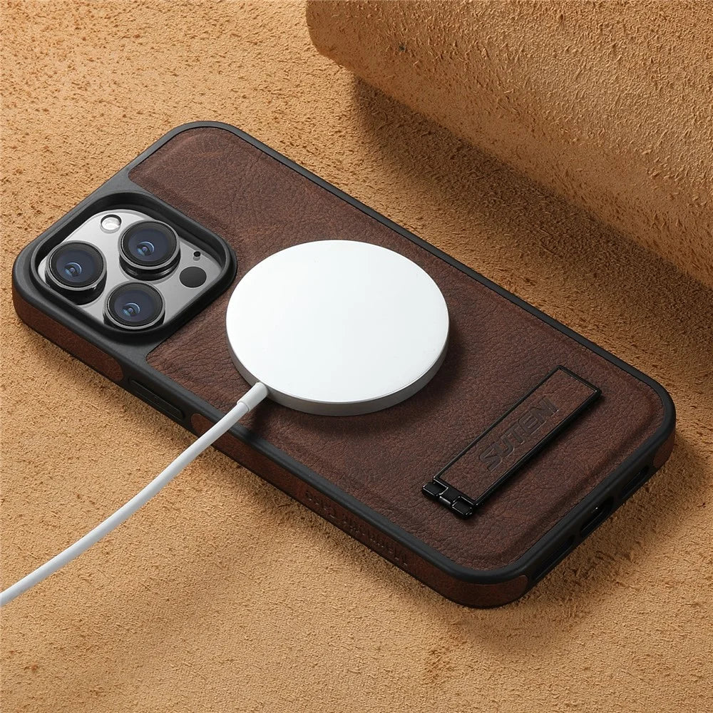 SUTENI G2 For iPhone 12 Pro Max Magnetic Case Litchi Texture Kickstand Leather+TPU Phone Cover - Brown - 6