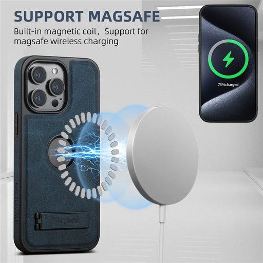 SUTENI G2 For iPhone 13 Pro Magnetic Case Litchi Texture Leather Back Cover with Kickstand - Blue - 2