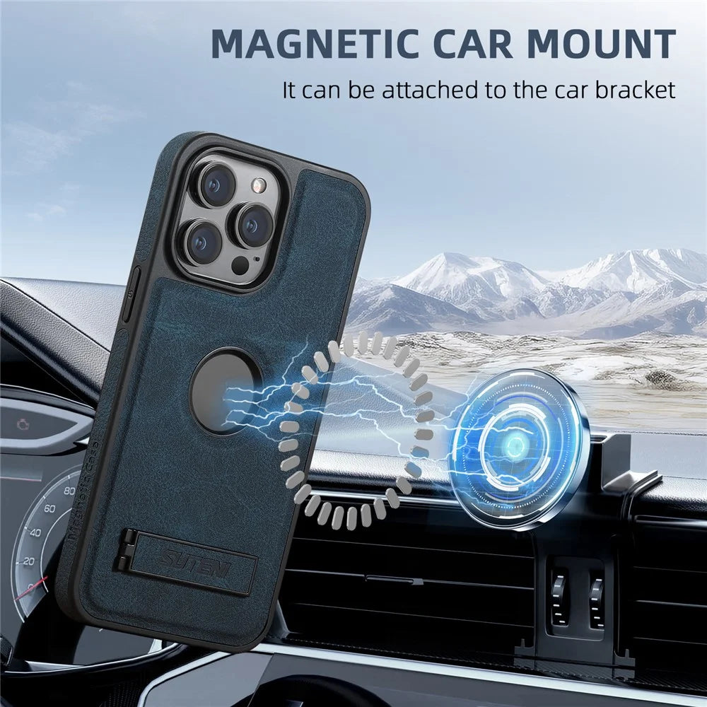 SUTENI G2 For iPhone 13 Pro Magnetic Case Litchi Texture Leather Back Cover with Kickstand - Blue - 3