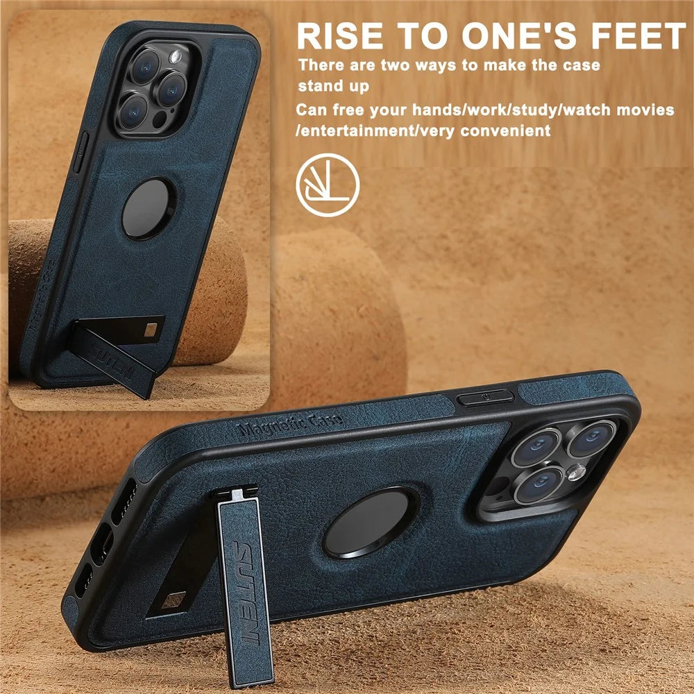 SUTENI G2 For iPhone 13 Pro Magnetic Case Litchi Texture Leather Back Cover with Kickstand - Blue - 4