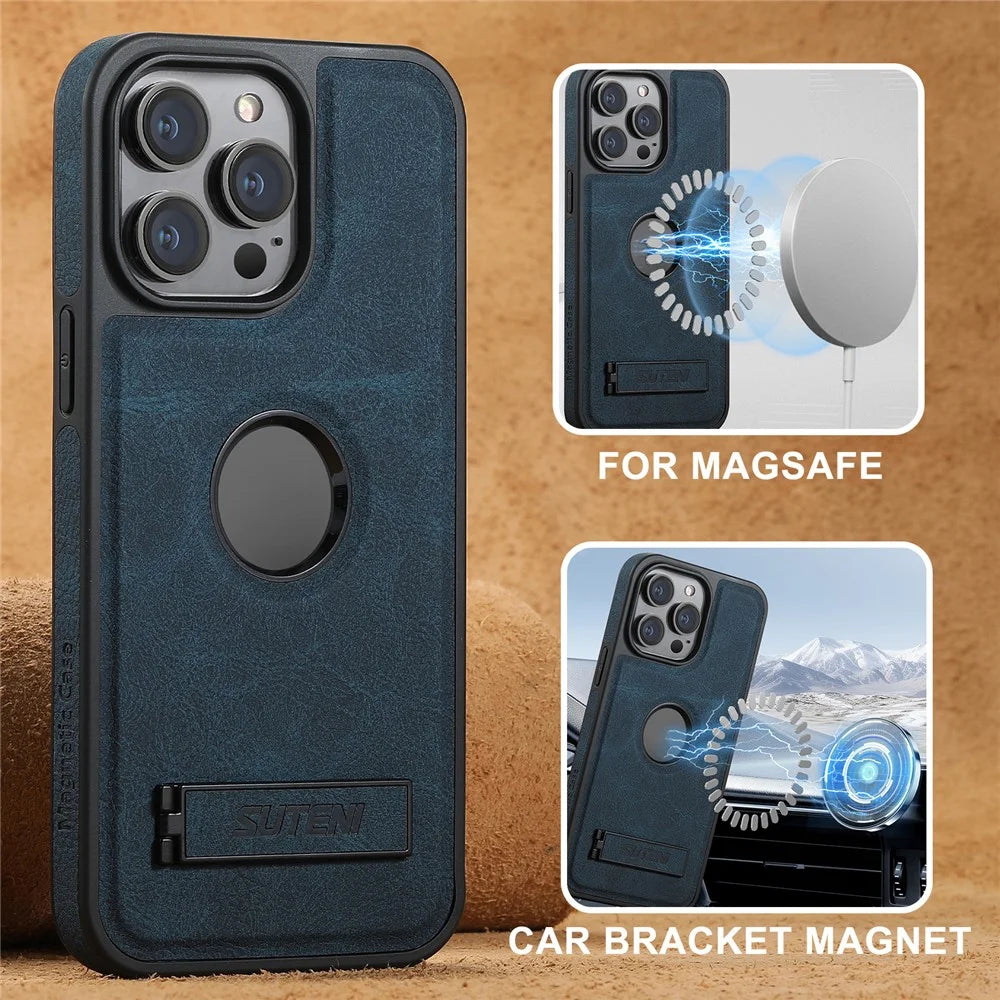 SUTENI G2 For iPhone 13 Pro Magnetic Case Litchi Texture Leather Back Cover with Kickstand - Blue - 5