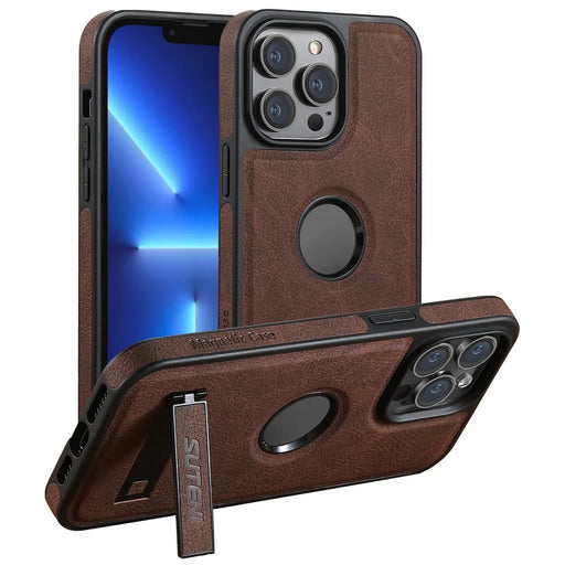 SUTENI G2 For iPhone 13 Pro Max Magnetic Case Litchi Texture Leather Coated TPU Kickstand Phone Cover - Brown - 1