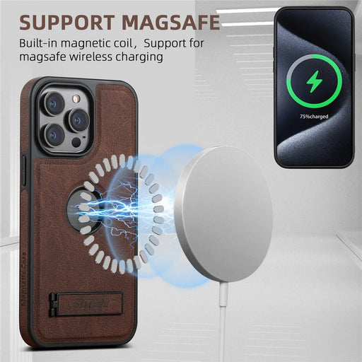 SUTENI G2 For iPhone 13 Pro Max Magnetic Case Litchi Texture Leather Coated TPU Kickstand Phone Cover - Brown - 2
