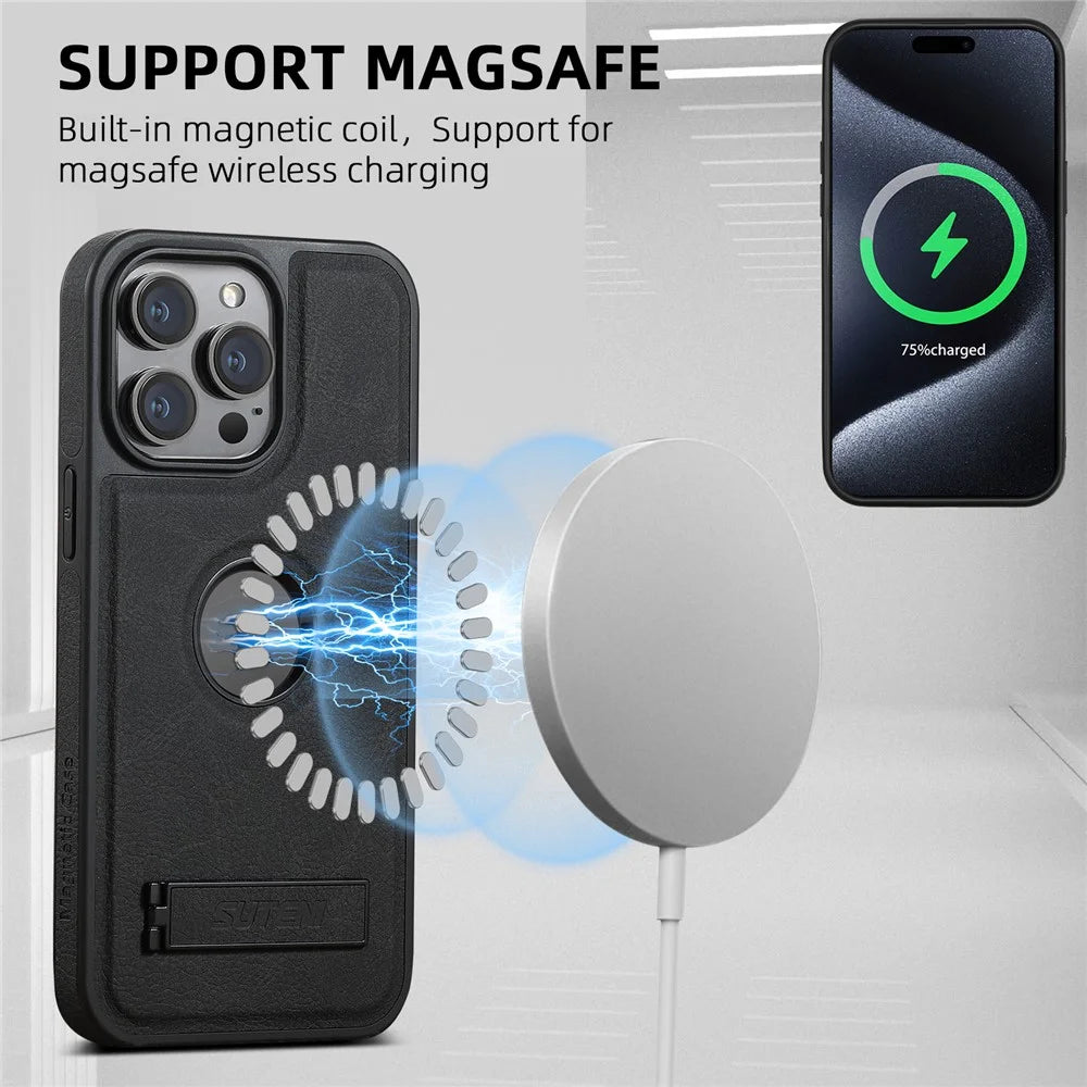 SUTENI G2 For iPhone 14 Pro Magnetic Case Litchi Texture Leather+TPU Kickstand Phone Cover - Black - 2
