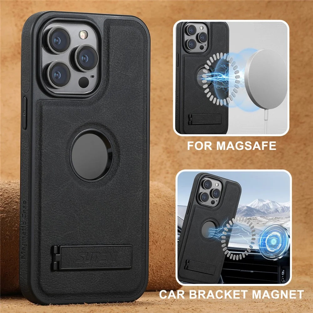 SUTENI G2 For iPhone 14 Pro Magnetic Case Litchi Texture Leather+TPU Kickstand Phone Cover - Black - 5
