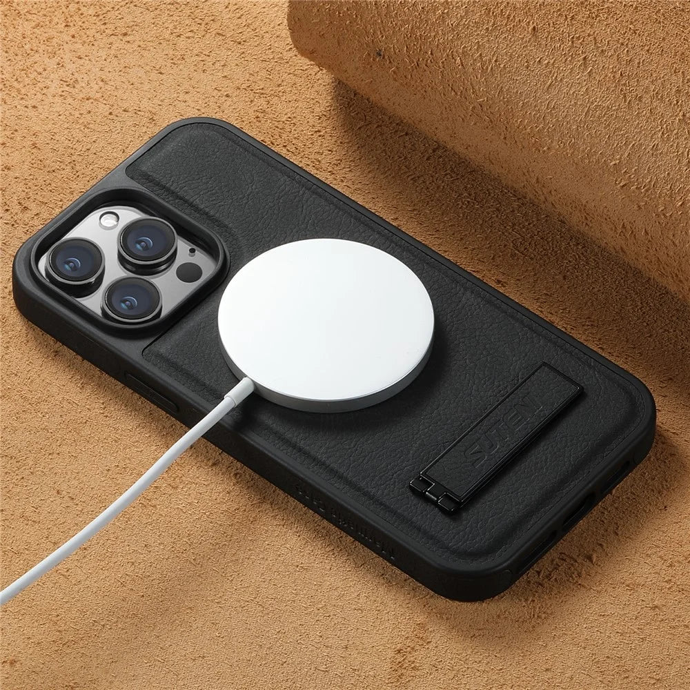 SUTENI G2 For iPhone 14 Pro Magnetic Case Litchi Texture Leather+TPU Kickstand Phone Cover - Black - 6
