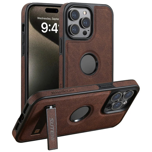 SUTENI G2 For iPhone 14 Pro Max Kickstand Cover Leather + TPU Magnetic Phone Case Litchi Texture - Brown - 1