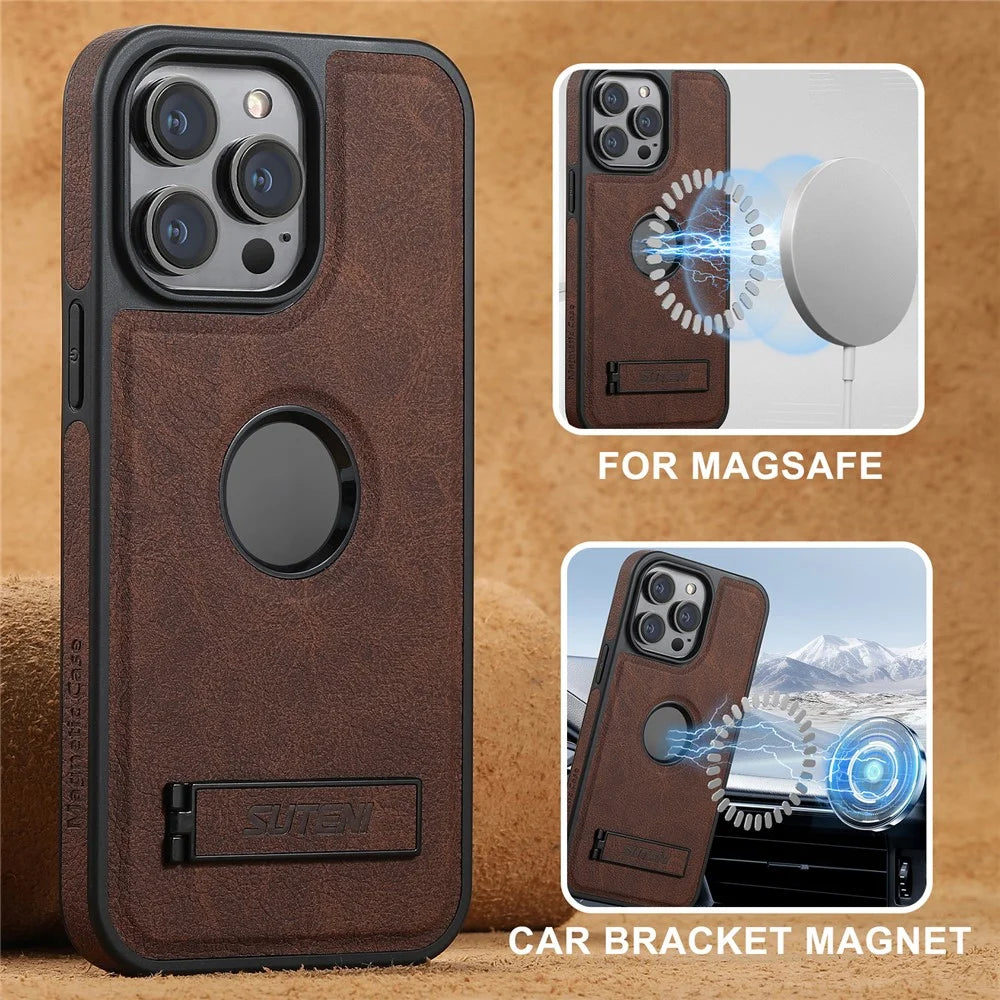 SUTENI G2 For iPhone 14 Pro Max Kickstand Cover Leather + TPU Magnetic Phone Case Litchi Texture - Brown - 5