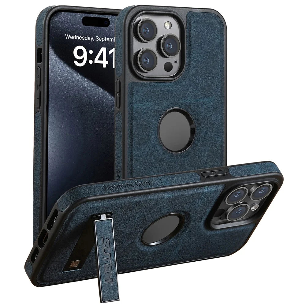 SUTENI G2 For iPhone 15 Pro Case Compatible with MagSafe Litchi Texture Kickstand Leather Back Cover - Blue - 1