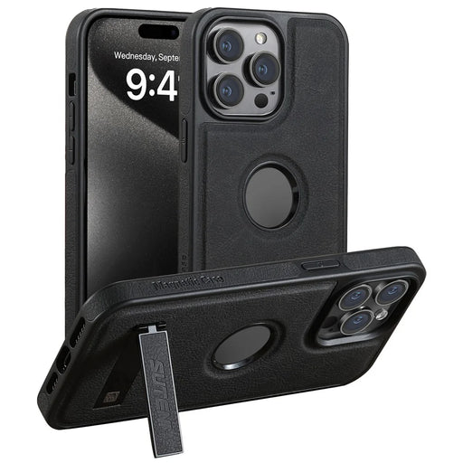 SUTENI G2 For iPhone 15 Pro Max Kickstand Case Litchi Texture PU+TPU Phone Cover Compatible with MagSafe - Black - 1