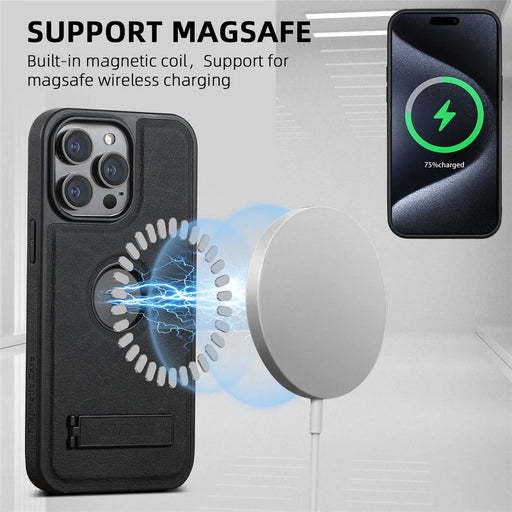 SUTENI G2 For iPhone 15 Pro Max Kickstand Case Litchi Texture PU+TPU Phone Cover Compatible with MagSafe - Black - 2