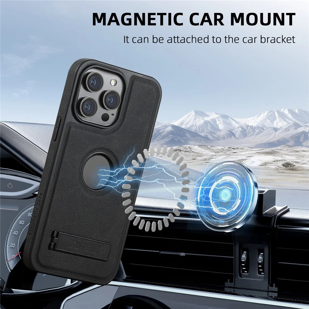 SUTENI G2 For iPhone 15 Pro Max Kickstand Case Litchi Texture PU+TPU Phone Cover Compatible with MagSafe - Black - 3