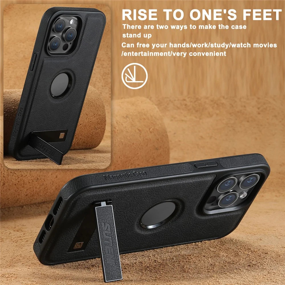SUTENI G2 For iPhone 15 Pro Max Kickstand Case Litchi Texture PU+TPU Phone Cover Compatible with MagSafe - Black - 4