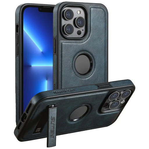 SUTENI G2 For iPhone 13 Pro Max Case Waxy Texture Leather Magnetic Back Cover Kickstand - Blue - 1