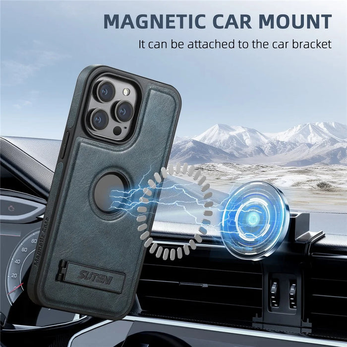 SUTENI G2 For iPhone 13 Pro Max Case Waxy Texture Leather Magnetic Back Cover Kickstand - Blue - 3