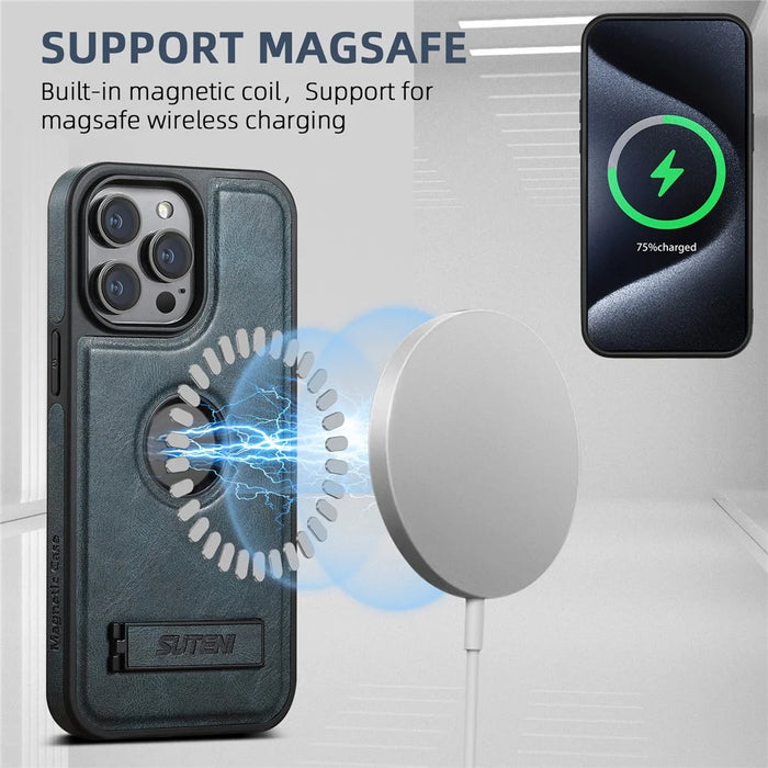SUTENI G2 For iPhone 13 Pro Max Case Waxy Texture Leather Magnetic Back Cover Kickstand - Blue - 4
