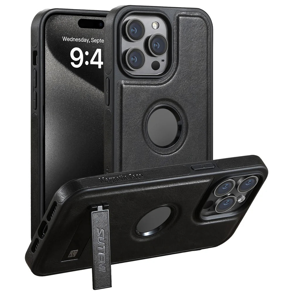 SUTENI G2 For iPhone 14 Pro Magnetic Case Waxy Texture Kickstand Leather+TPU Phone Cover - Black - 1