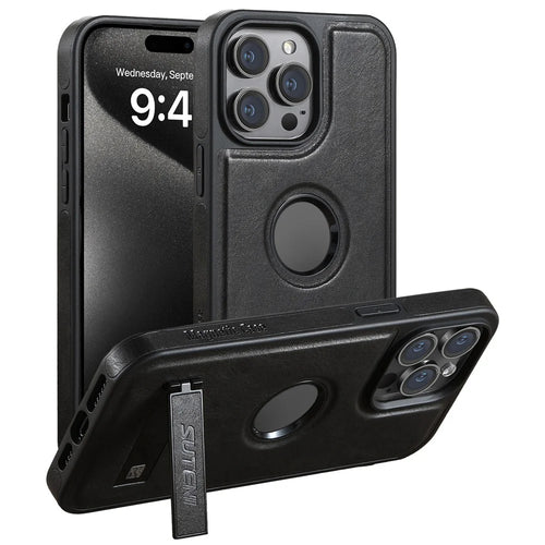 SUTENI G2 For iPhone 14 Pro Magnetic Case Waxy Texture Kickstand Leather+TPU Phone Cover - Black - 1
