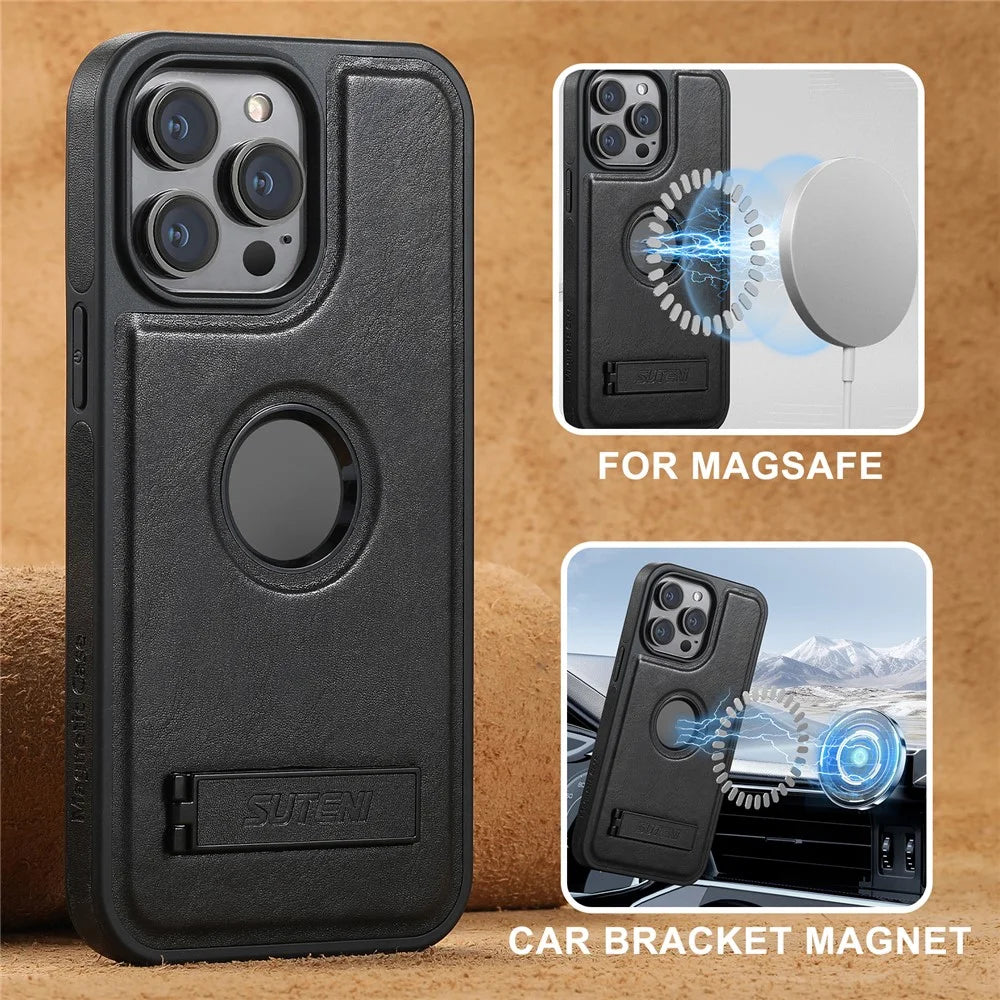 SUTENI G2 For iPhone 14 Pro Magnetic Case Waxy Texture Kickstand Leather+TPU Phone Cover - Black - 5