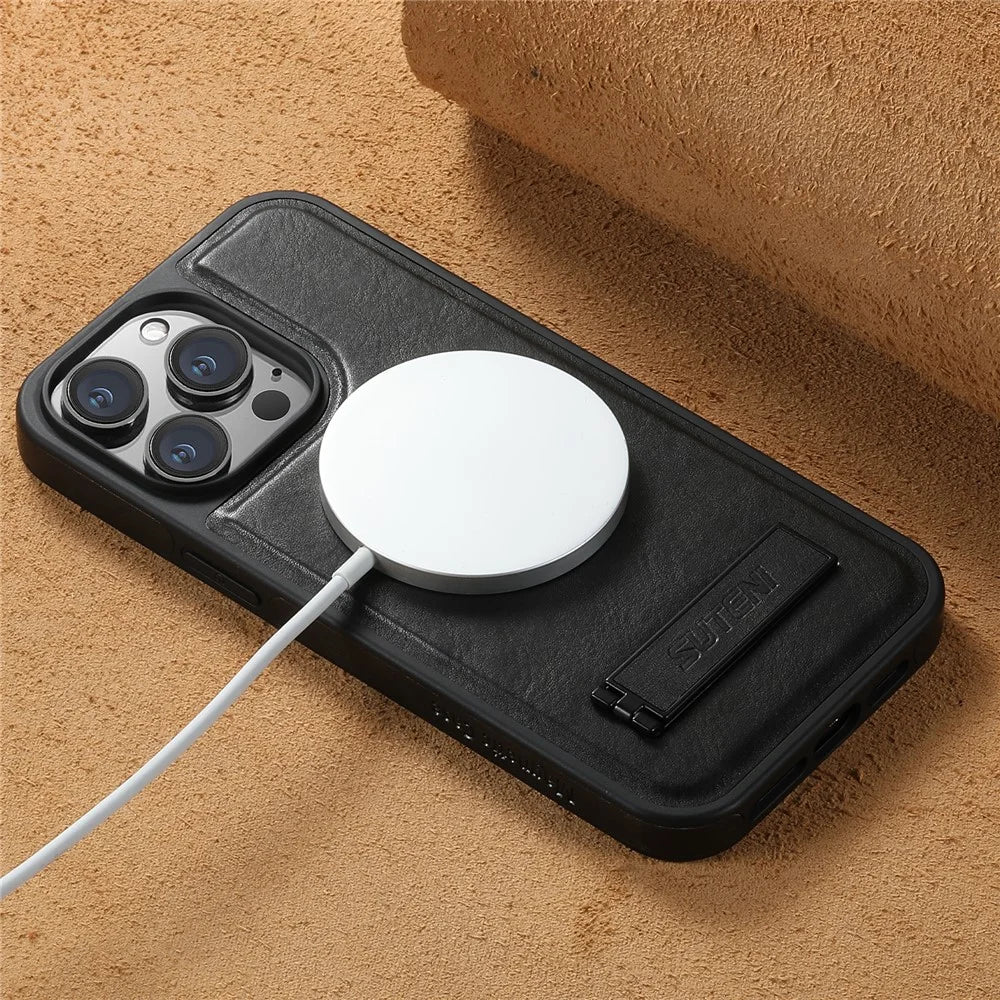 SUTENI G2 For iPhone 14 Pro Magnetic Case Waxy Texture Kickstand Leather+TPU Phone Cover - Black - 6