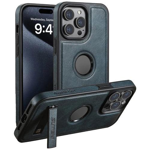 SUTENI G2 For iPhone 14 Pro Max Magnetic Case Waxy Texture Kickstand PU+TPU Phone Cover - Black - 1