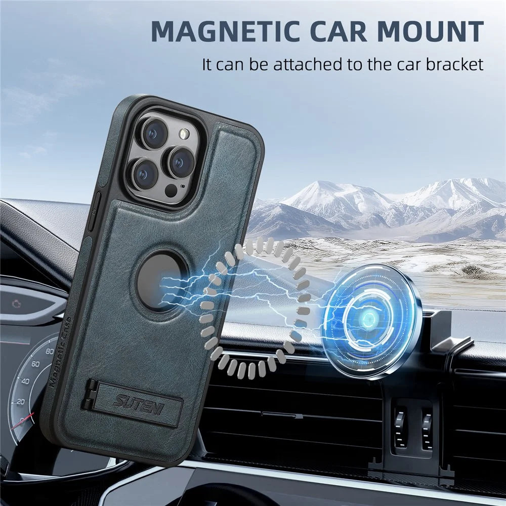 SUTENI G2 For iPhone 14 Pro Max Magnetic Case Waxy Texture Kickstand PU+TPU Phone Cover - Black - 3