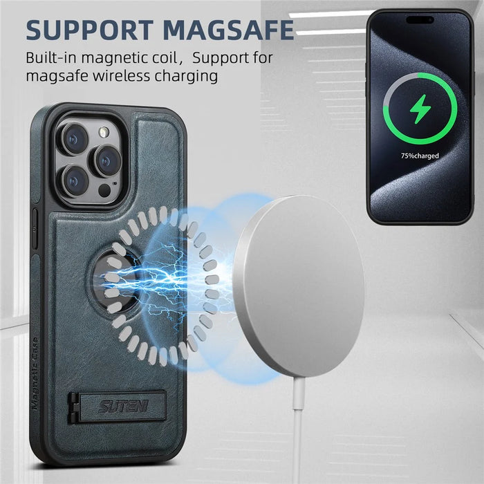 SUTENI G2 For iPhone 14 Pro Max Magnetic Case Waxy Texture Kickstand PU+TPU Phone Cover - Black - 4