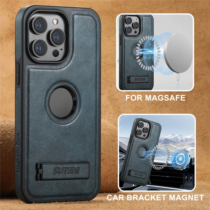 SUTENI G2 For iPhone 14 Pro Max Magnetic Case Waxy Texture Kickstand PU+TPU Phone Cover - Black - 5