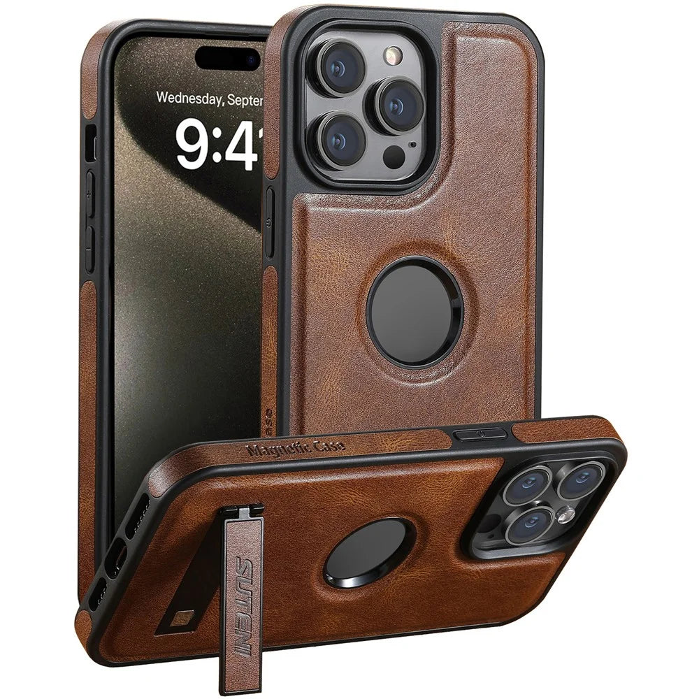 SUTENI G2 For iPhone 15 Pro Magnetic Case Litchi Texture Leather+TPU Cover with Kickstand - Brown - 1
