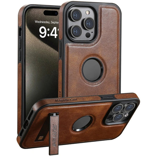 SUTENI G2 For iPhone 15 Pro Magnetic Case Litchi Texture Leather+TPU Cover with Kickstand - Brown - 1