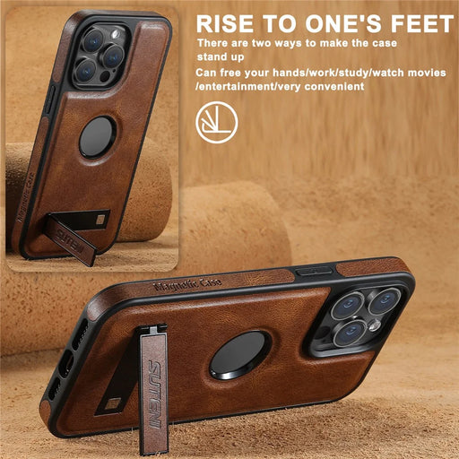 SUTENI G2 For iPhone 15 Pro Magnetic Case Litchi Texture Leather+TPU Cover with Kickstand - Brown - 2