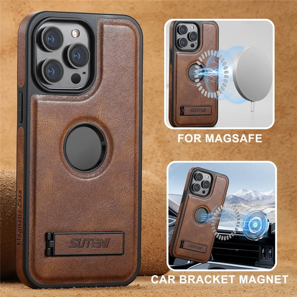 SUTENI G2 For iPhone 15 Pro Magnetic Case Litchi Texture Leather+TPU Cover with Kickstand - Brown - 5